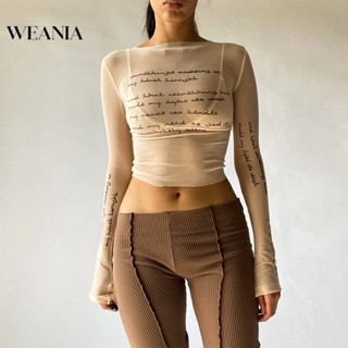 Weania เสื้อตาข่าย แขนยาว คอกลม พิมพ์ลาย เซ็กซี่ สําหรับผู้หญิง