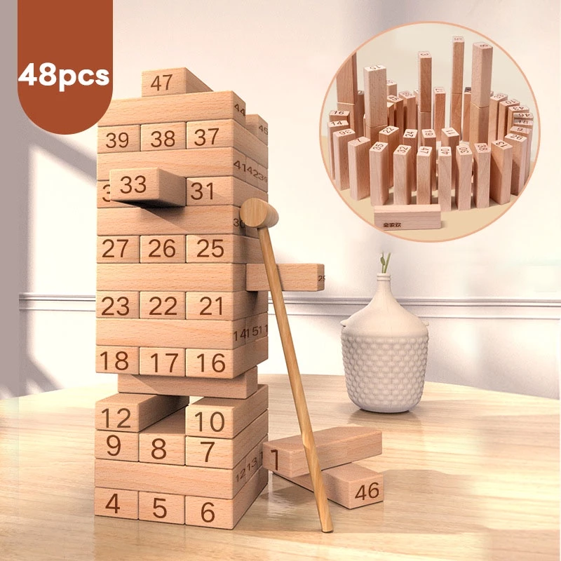 พร้อมส่ง ⛲ของเล่นไม้ งานไม้ เกมส์ต่อตึก ต่อตึก ตัวต่อไม้ บล็อกไม้ตึกถล่ม 48pc