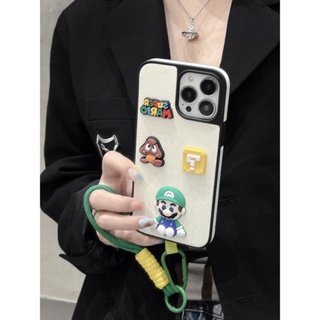 เคสโทรศัพท์มือถือหนัง TPU นิ่ม ขอบตรง ลายการ์ตูนซูเปอร์มาริโอ้ สีดํา สีขาว พร้อมสายคล้อง สําหรับ iPhone 11 13 12 14 15 Pro Max