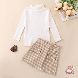 Jop-3-8 ปี ชุดเสื้อคอเต่า แขนยาว และกระโปรง Houndstooth สําหรับเด็กผู้หญิง 2 ชิ้น