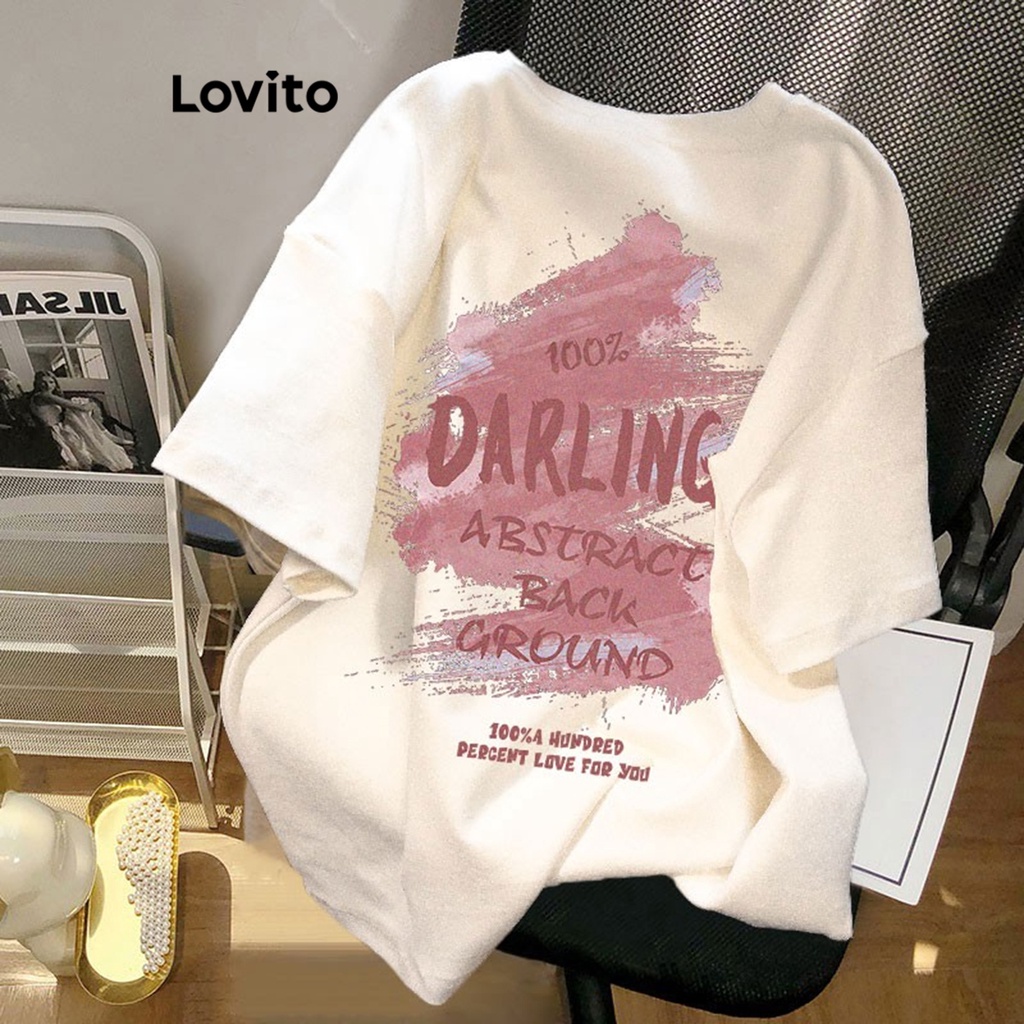 Lovito เสื้อยืดลำลอง โอเวอร์ไซส์ ลายตัวอักษร สำหรับผู้หญิง LNE17054 (สีขาว)