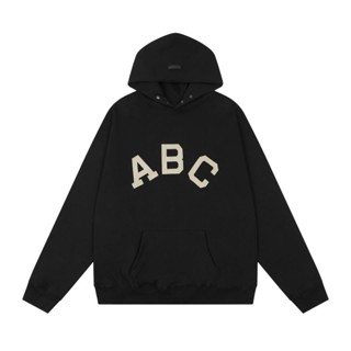 เสื้อกันหนาวแขนยาว มีฮู้ด ผ้าฝ้าย พิมพ์ลาย ABC Flocking ขนาดใหญ่ แฟชั่นคู่รัก สไตล์เกาหลี สําหรับผู้ชาย และผู้หญิง