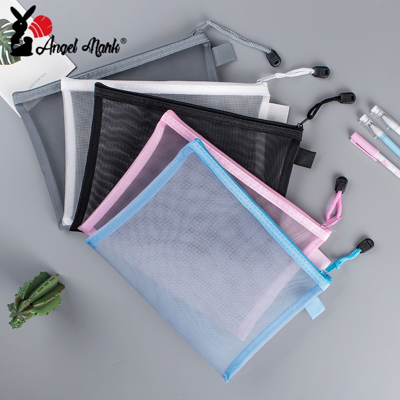 Angel Mark ถุงตาข่ายใส มีซิป ขนาด A4 A5 A6 แบบพกพา ชั้นเดียว สําหรับใส่เครื่องเขียน นักเรียน สํานักงาน 1 ชิ้น