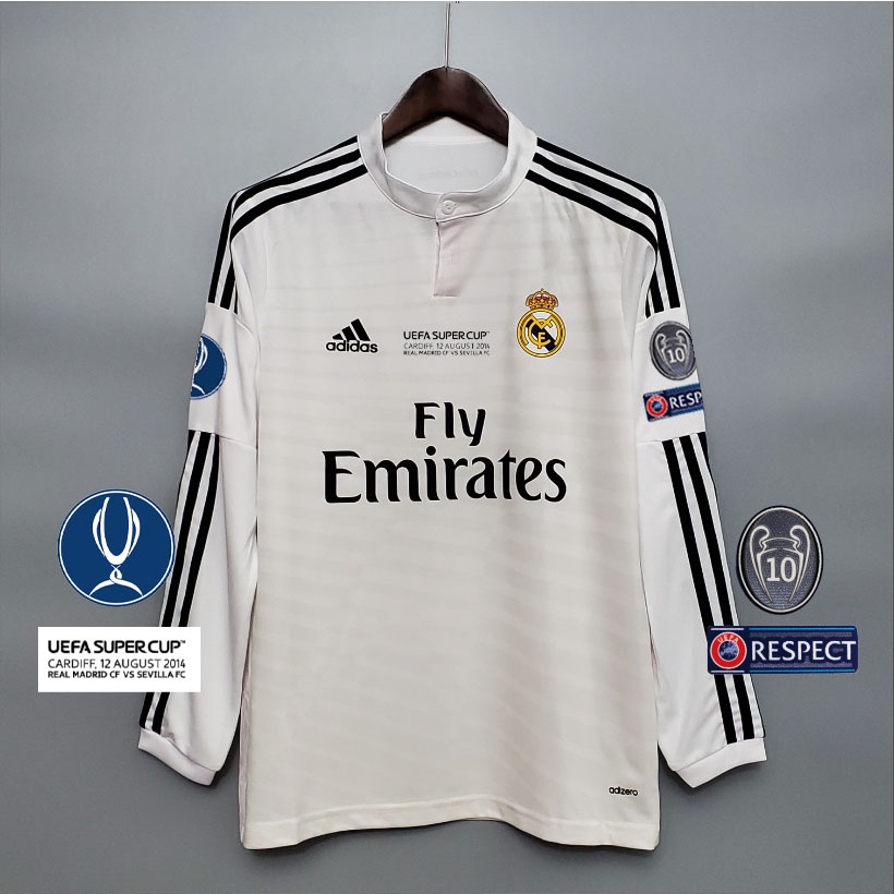เสื้อกีฬาแขนยาว ลายทีมฟุตบอล Real Madrid 14/15 ชุดเหย้า S-2XL ชุดเหย้า เพิ่มชื่อ และตัวเลข