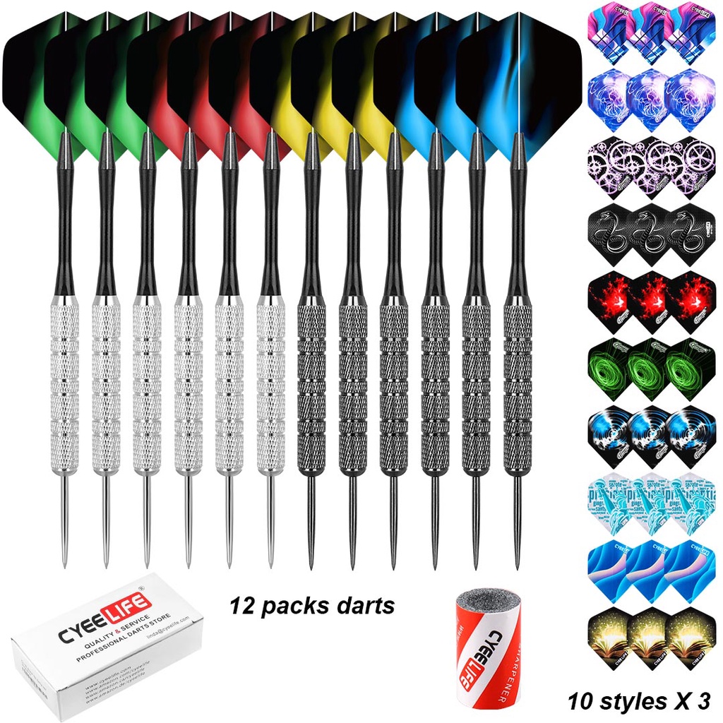 CyeeLife 12PCS 18g Steel Tip Darts With Nylon Shaft With 30PCS Flights, 1PCS sharpener