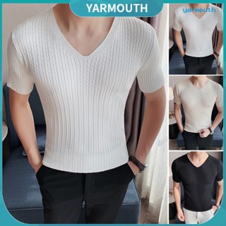 Yyr-- เสื้อยืดลําลอง คอวี แขนสั้น ผ้าถัก ยืดหยุ่น สีพื้น ระบายอากาศ พลัสไซซ์ สําหรับผู้ชาย