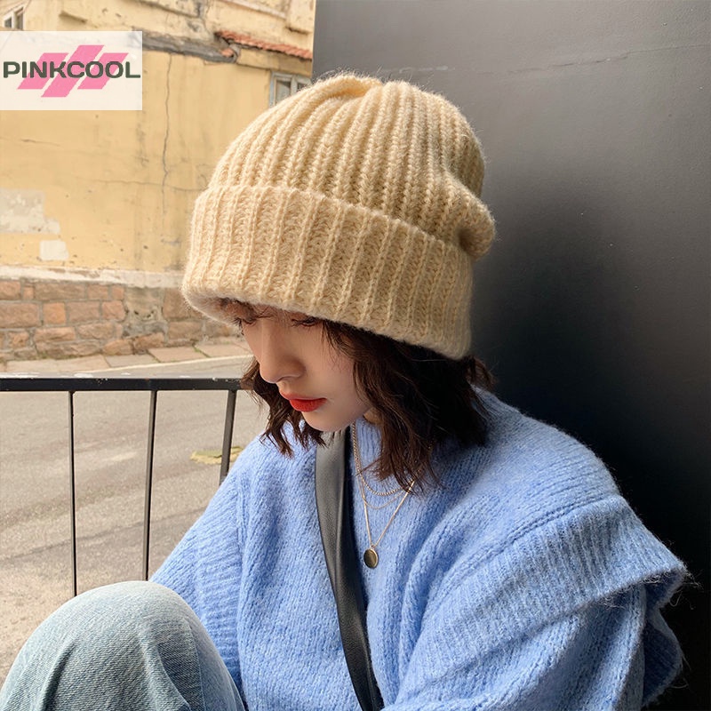 Pinkcool หมวกบีนนี่ลําลอง ผ้าถัก ยืดหยุ่น ให้ความอบอุ่น เข้ากับทุกการแต่งกาย แฟชั่นฤดูใบไม้ร่วง ฤดูหนาว สไตล์เกาหลี สําหรับผู้หญิง