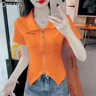 Summer new polo collar irregular T-shirt womens ins zipper button design sense niche short sleeve top for women