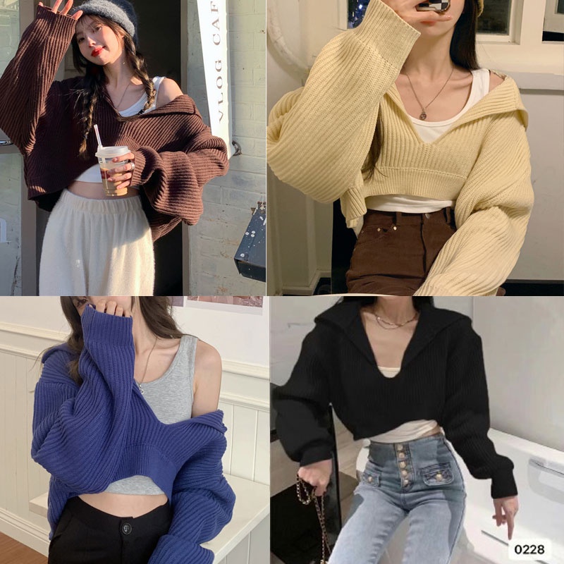 Dahong เสื้อกันหนาวแขนยาว คอวี คอกว้าง แขนยาว เสื้อไหมพรม สไตล์เกาหลี 0228
