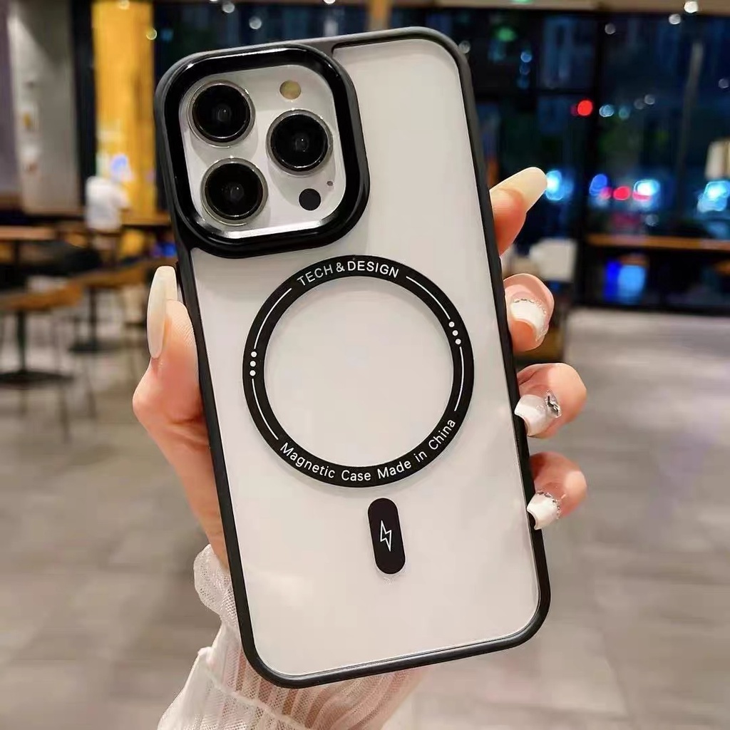เคสโทรศัพท์มือถือแบบแข็ง ใส กันกระแทก พร้อมที่ชาร์จแม่เหล็ก สําหรับ iPhone 15 14 11 12 Pro Max 13 Mini XS Max XR 7 8 Plus