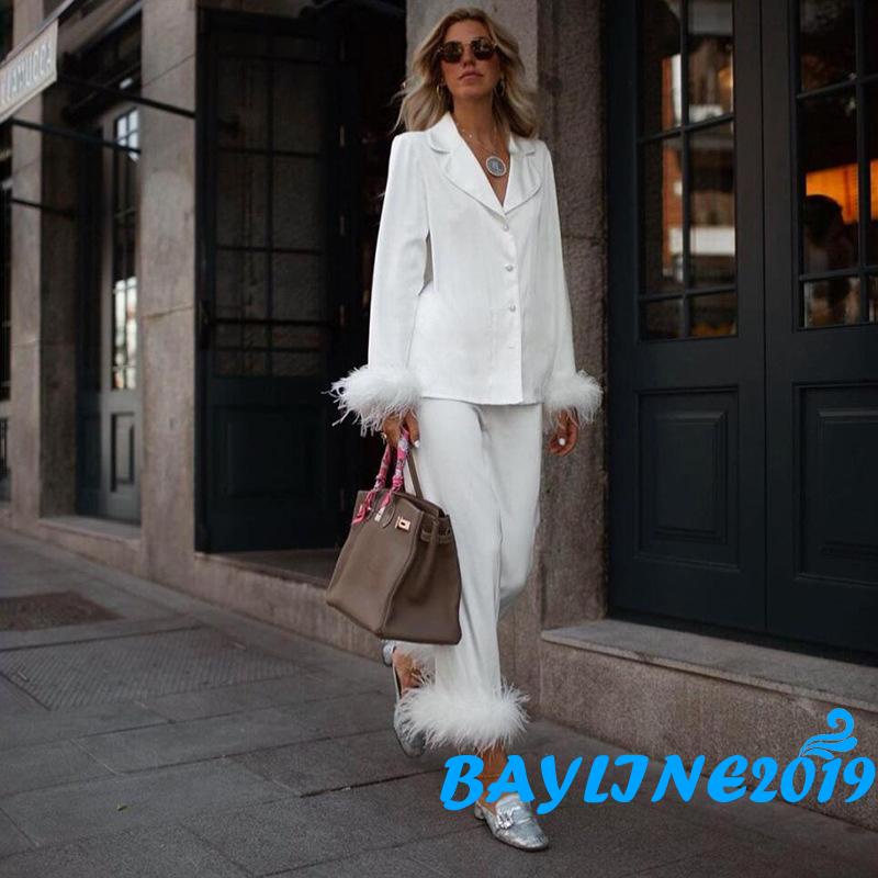 Bay-2 ชิ้นผู้หญิงฤดูใบไม้ร่วงสีทึบชุดผู้ใหญ่ Furry แขนยาว Tailored Collar Blazer + กางเกงขาตรงชุดกางเกง