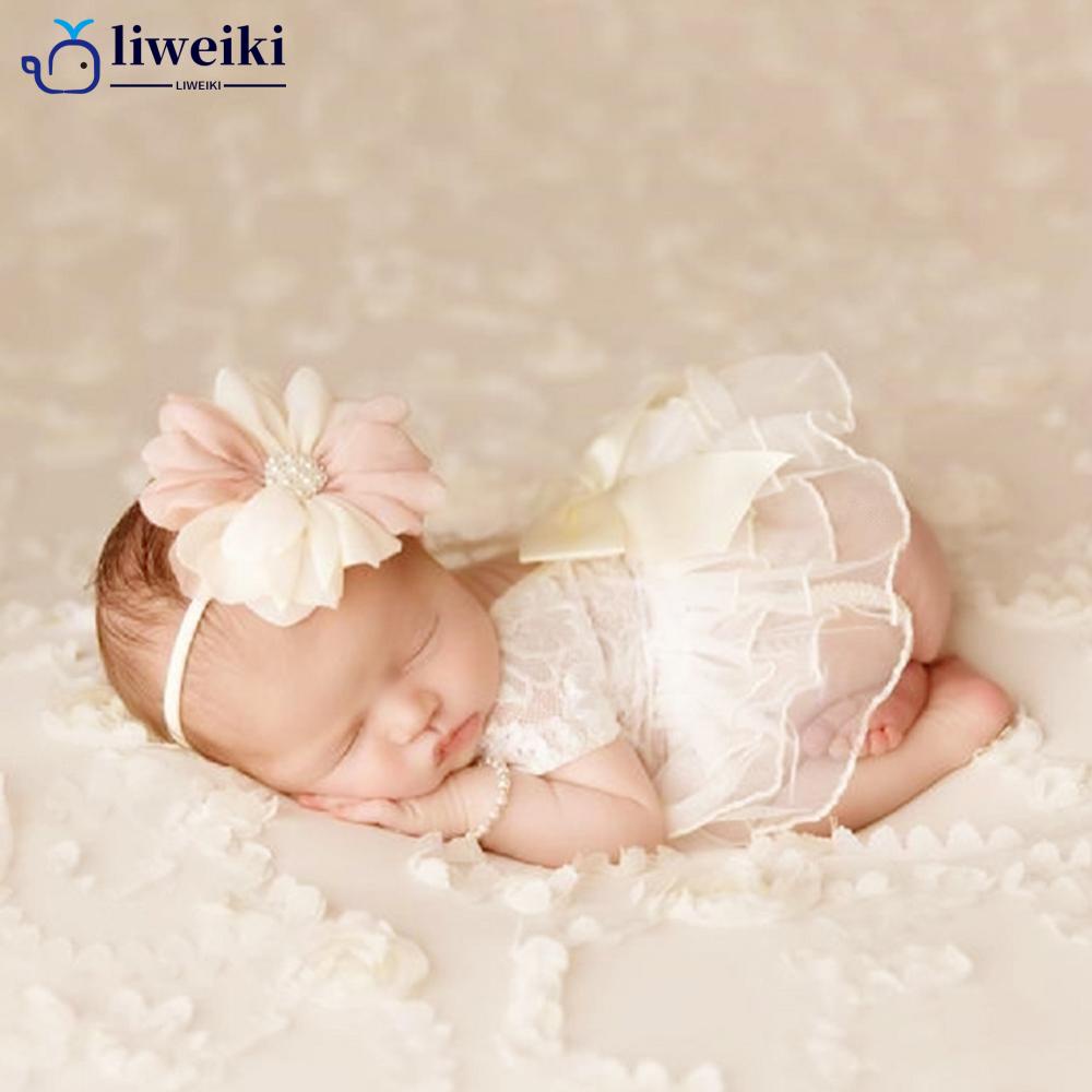 Liweiki ชุดรอมเปอร์ ผ้าโพกศีรษะ แต่งลูกไม้ ลายดอกไม้ เปลือยหลัง พร็อพถ่ายภาพ สําหรับเด็กทารกแรกเกิดผู้หญิง H8R7