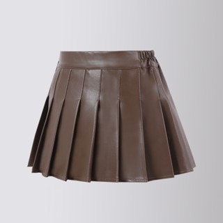 กระโปรงพลีท หนัง PU เอวสูง ทรงเอ สีพื้น สําหรับเด็กผู้หญิง