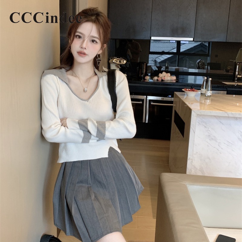 Cccindee เสื้อโปโลแขนยาว คอวี ผ้าถัก เซ็กซี่ แฟชั่นใหม่ สําหรับผู้หญิง 2023