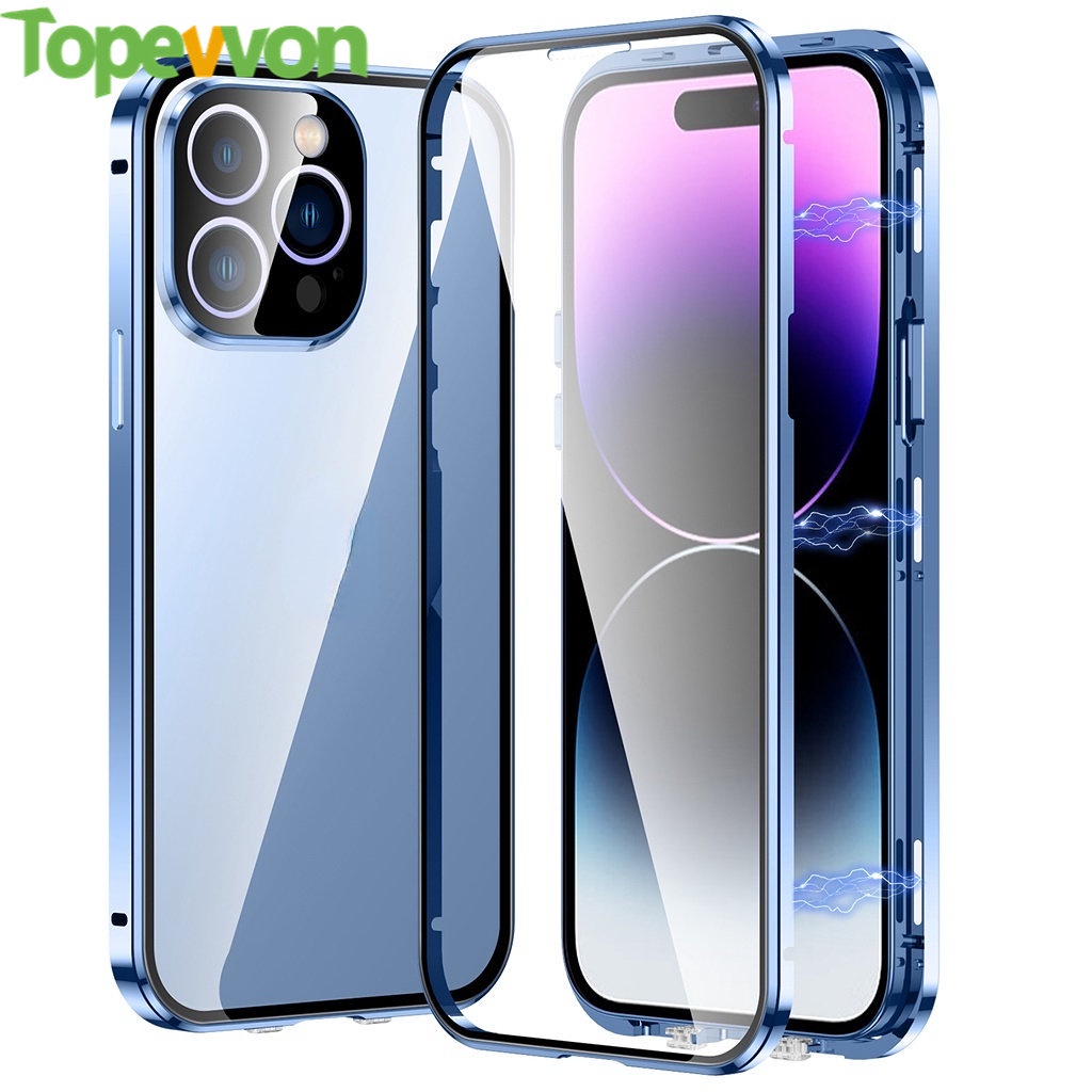 Topewon 360° เคสโทรศัพท์มือถือ กรอบโลหะ อัลลอย แม่เหล็ก สองด้าน สีม่วง สําหรับ iPhone 14 Plus 13 Pro Max 11
