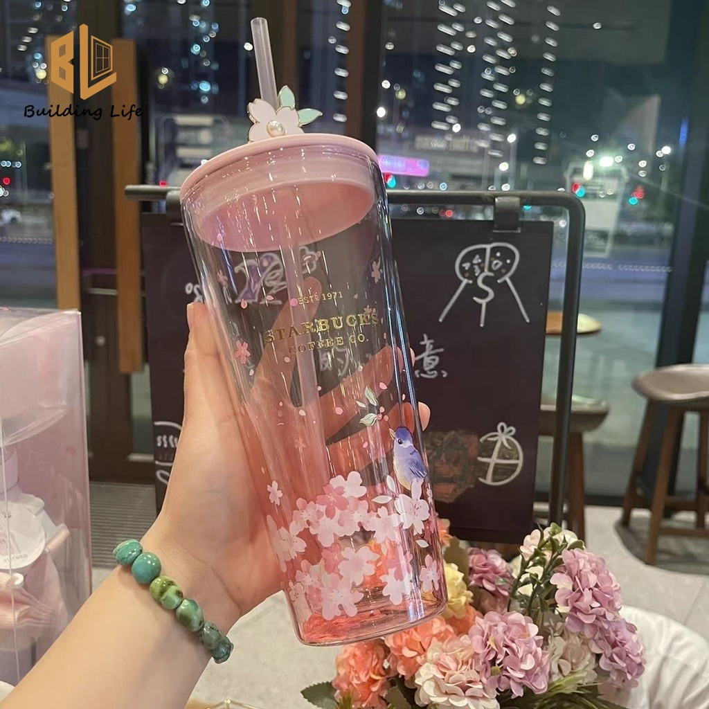 Starbucks แก้วน้ําสองชั้น ลายนกและดอกไม้ ความจุขนาดใหญ่ สีชมพู พร้อมหลอดดูด 591 มล.