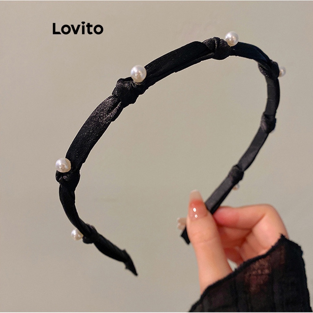 Lovito ที่คาดผมผู้หญิง แต่งไข่มุก สไตล์ฝรั่งเศสย้อนยุค หรูหรา LFA06185 (สีดำ)