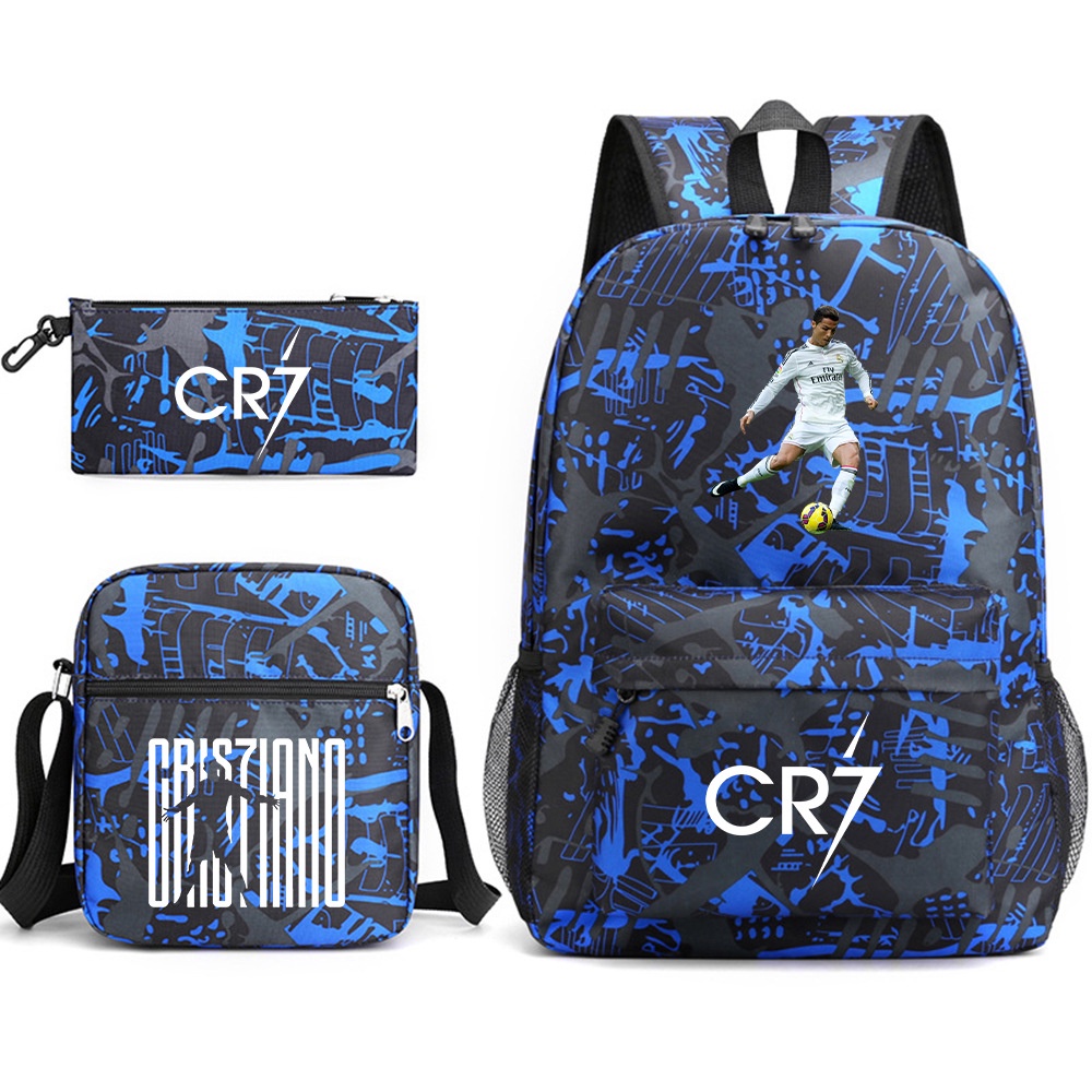 Cr7 กระเป๋าเป้สะพายหลัง กระเป๋าสะพายไหล่ กระเป๋าดินสอ ลายฟุตบอล ดาว คริสต์มาส สําหรับเด็กนักเรียน 3 ชิ้น ต่อชุด