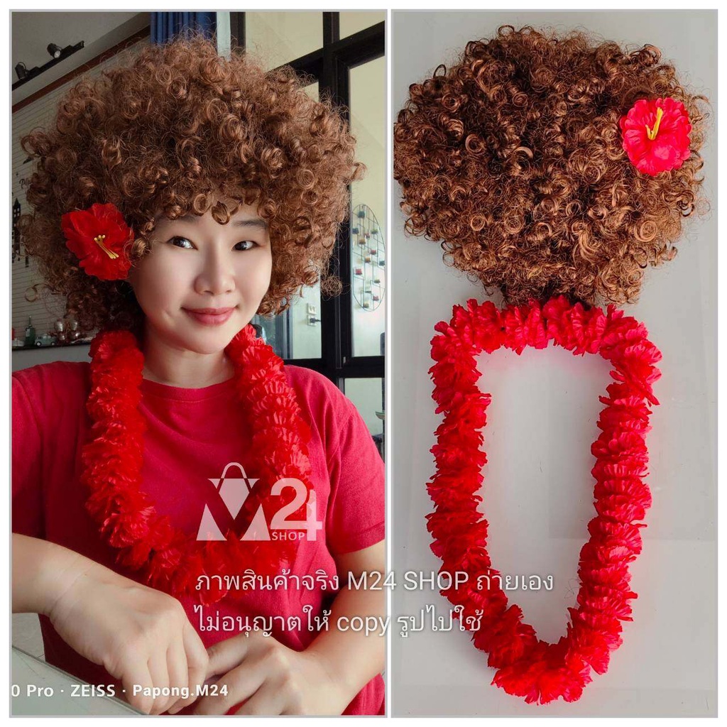 (มีตัวเลือก) คอสตูม เจ้าเงาะ เงาะป่า วิกเจ้าเงาะ วิก เงาะป่า วิก แอฟโฟร่ มาลัยคอ ดอกชบา ดอกไม้ปลอม afro wig m24