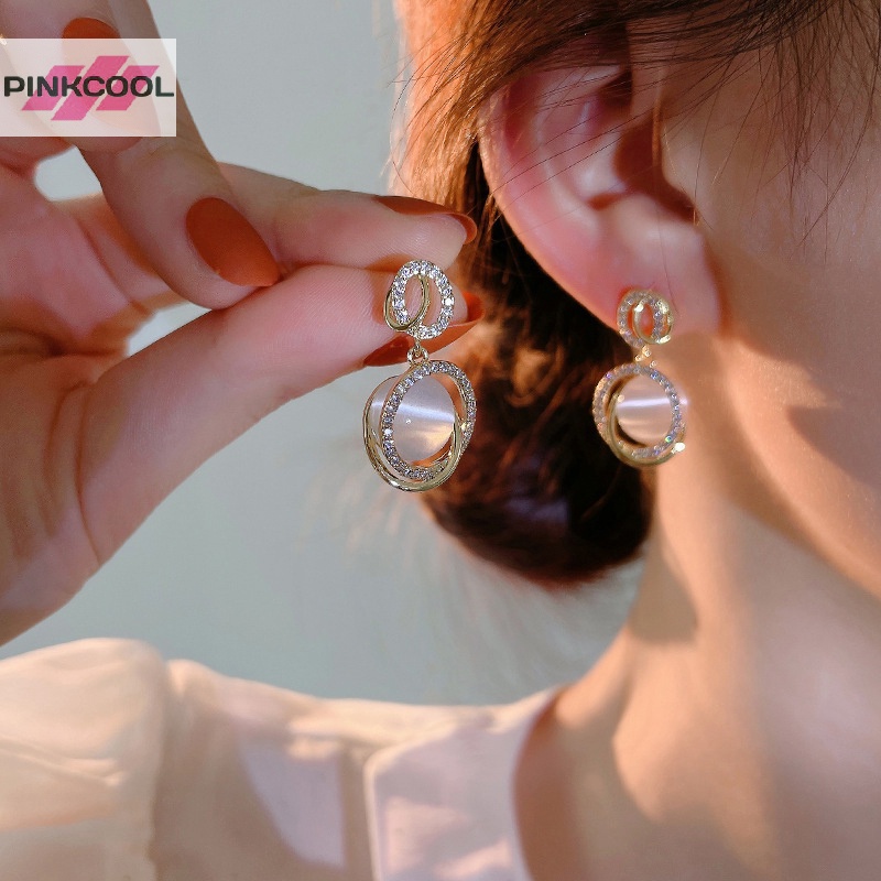 Pinkcool ต่างหูสตั๊ด โอปอล ทรงเรขาคณิต ประดับพลอยเทียม เครื่องประดับแฟชั่น สําหรับผู้หญิง ขายดี