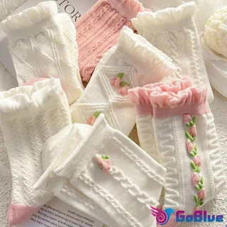 GoBlue ถุงเท้าลายดอกไม้ แฟชั่นโลลิต้า วัสดุผ้าฝ้ายโพลีเอสเตอร์ สไตล์ญี่ปุ่น Women socks