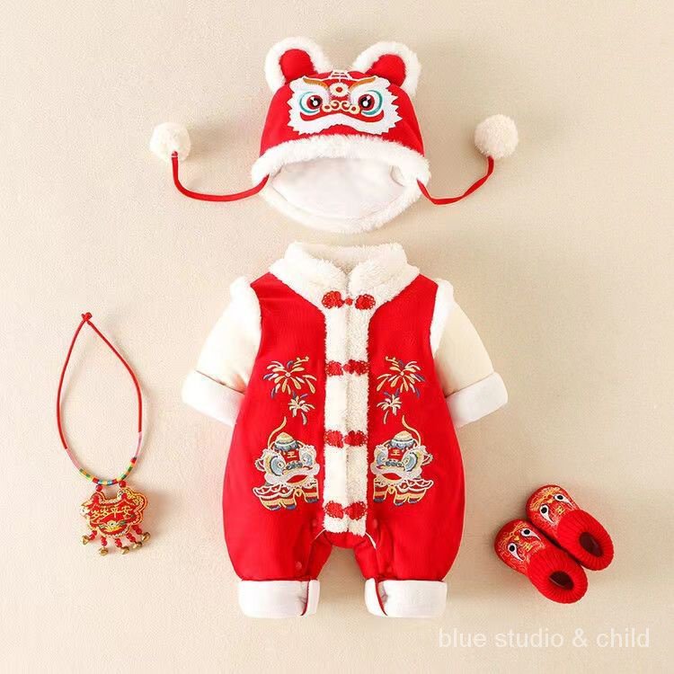 [เสื้อผ้าปีใหม่ แบบหนา] ชุดจั๊มสูท แบบเต็มดวง สีแดง สไตล์จีน เหมาะกับเทศกาลปีใหม่ ฤดูหนาว สําหรับเด็กผู้ชาย และผู้หญิง