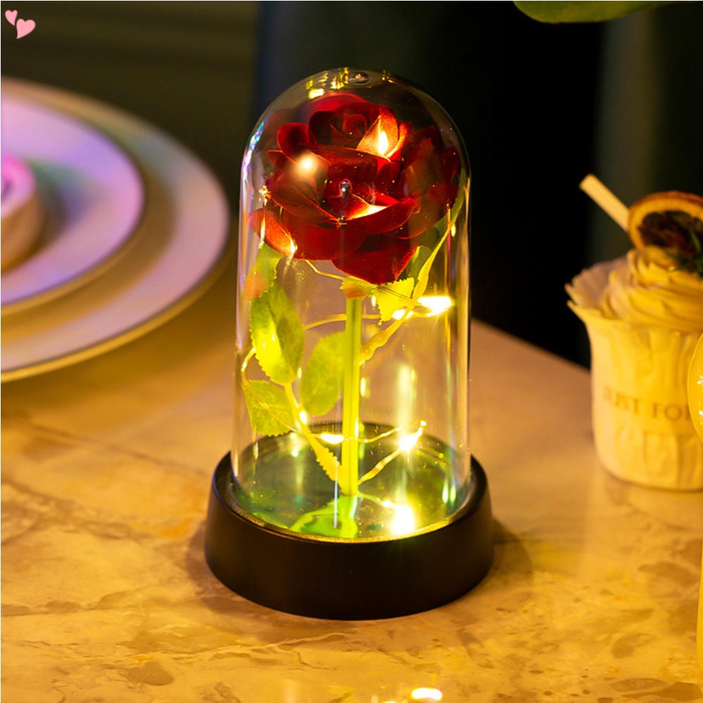 Beauty and The Beast Rose ชุดดอกกุหลาบผ้าไหม สีแดง พร้อมไฟ LED โรแมนติก สําหรับของขวัญวันวาเลนไทน์ แฟนสาว ครบรอบแต่งงาน วันเกิด