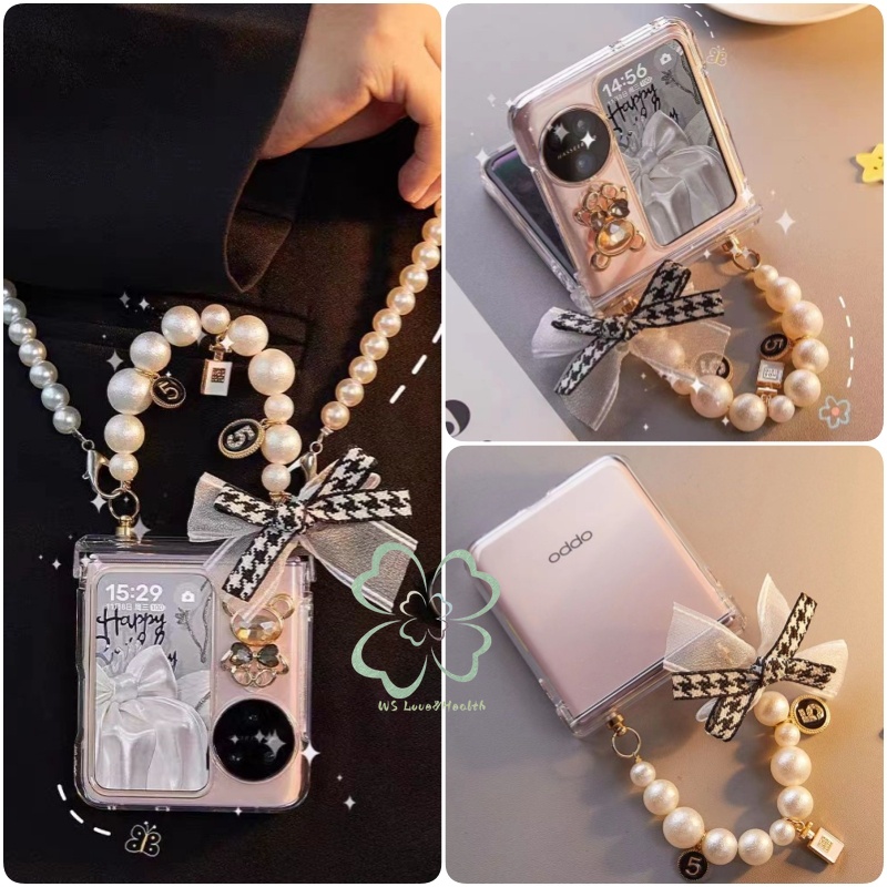 เคสโทรศัพท์มือถือ PC แข็ง แบบใส กันกระแทก ปิดด้านหลัง ประดับโบว์หมี 3D พร้อมสายคล้องข้อมือ สําหรับ OPPO Find N3 N2