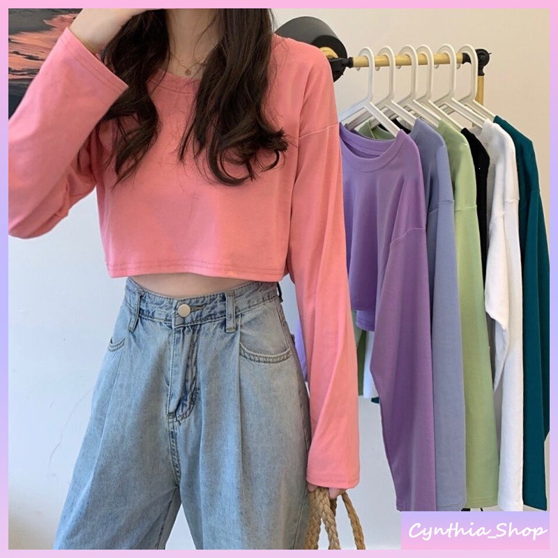✨Cynthia✨พร้อมส่ง🚚 เสื้อแขนยาว เสื้อครอปแขนยาว คอกลม คอกว้าง สไตล์เกาหลีสำหรับผู้หญิง  เสื้อแขนยาวผู้หญิง #9019