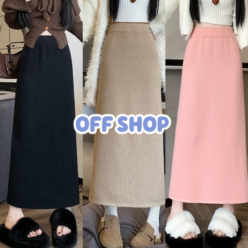 OFF SHOP พร้อมส่ง (OFF-F42) กระโปรงยาวทรงตรง ไหมพรม ผ้าร่องสีพื้น