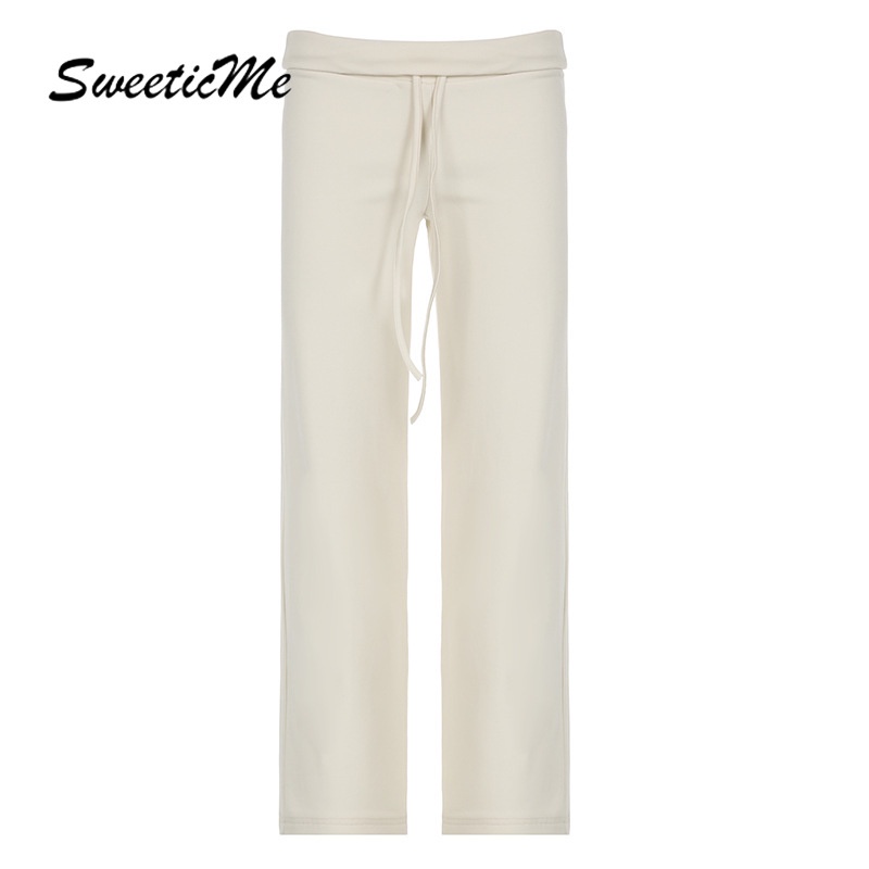 SweeticMe แฟชั่นผู้หญิงใหม่เอวต่ําสีทึบทั้งหมดตรงกับกางเกงพื้นฐาน Causal