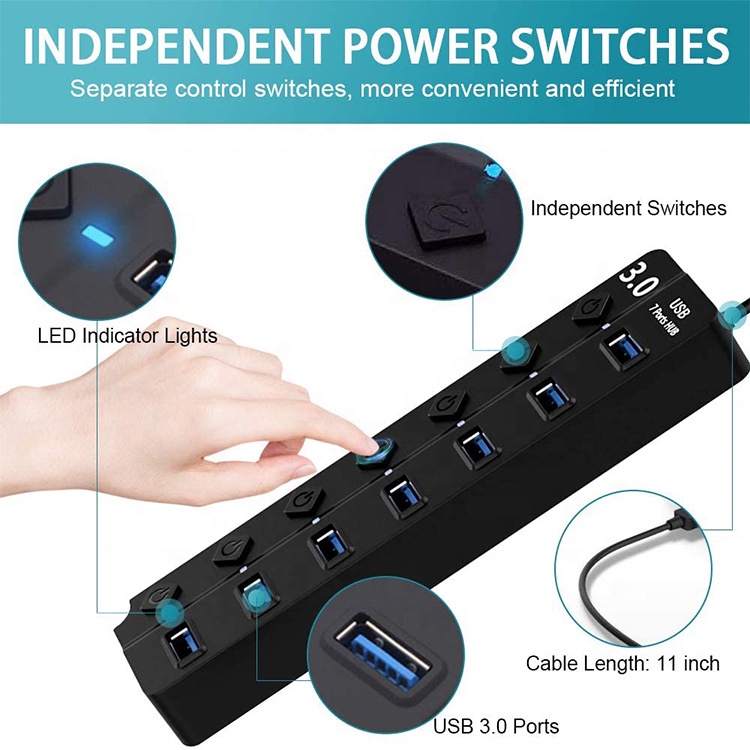 GOOJODOQ อะแดปเตอร์ฮับ USB 3.0 7 พอร์ต USB 3.0 หลายพอร์ต แบบพกพา พร้อมสวิตช์แยก LED แปลงข้อมูล 5Gbps สําหรับแล็ปท็อป PC