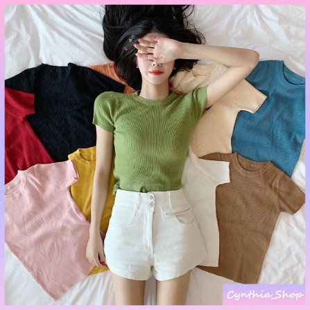 ✨Cynthia✨พร้อมส่ง🚚 เสื้อไหมพรมคอกลม ผ้าร่อง แขนสั้นสวมใส่สบาย #9903