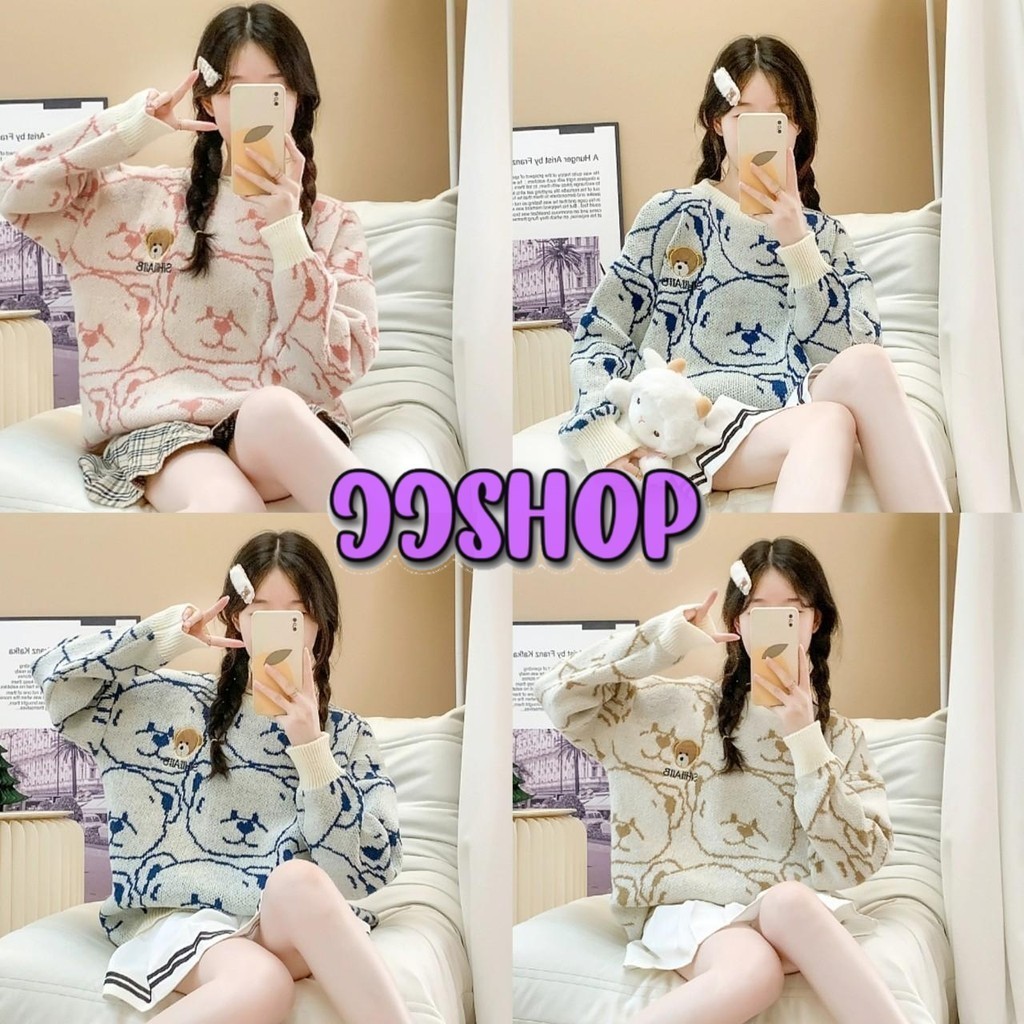 JJ Shop​ ​พร้อมส่ง เสื้อไหมพรมกันหนาว แขนยาว ลายน้องหมี "CZ191" -C