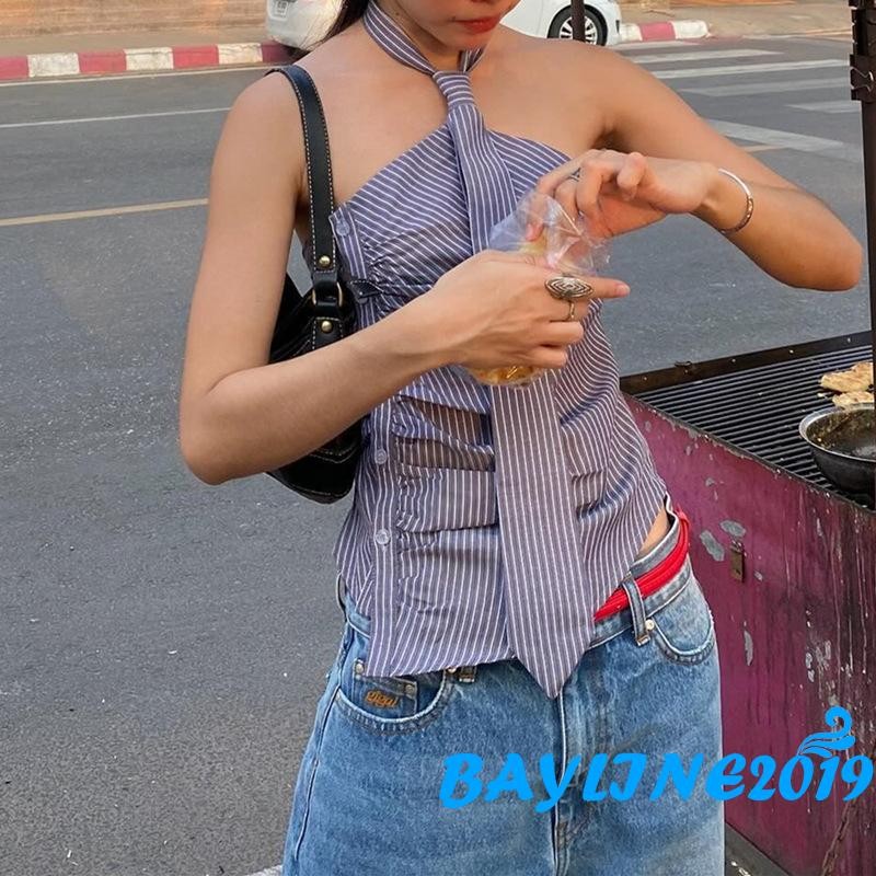 Bay-women Halter Top แขนกุดเปลือยลาย Slim Fit ฤดูร้อน Tops Clubwear สําหรับงานปาร์ตี้