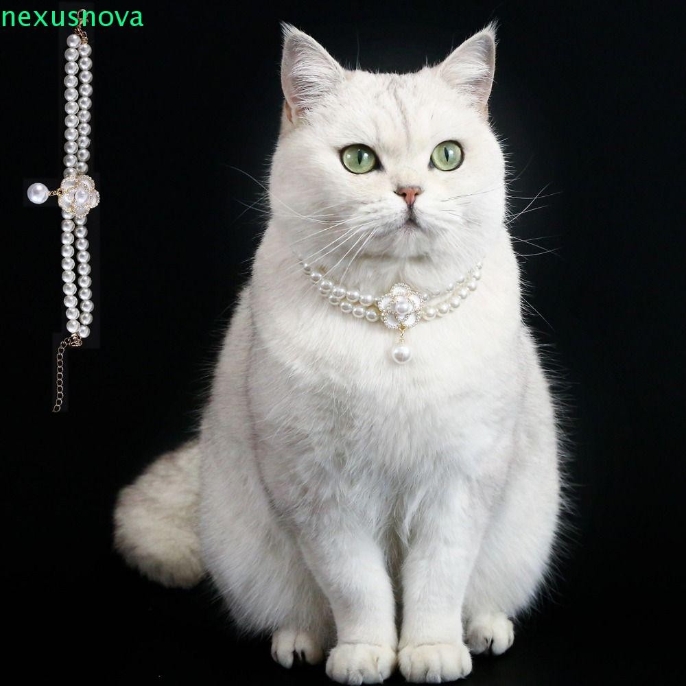 Nexusnova สร้อยคอสัตว์เลี้ยงมุก,ปลอกคอมุกสัตว์เลี้ยงสองชั้นหวาน,Rhinestones ปลอกคอแมวปรับดอกไม้จี้แมวคอโซ่สําหรับแมวลูกสุนัข