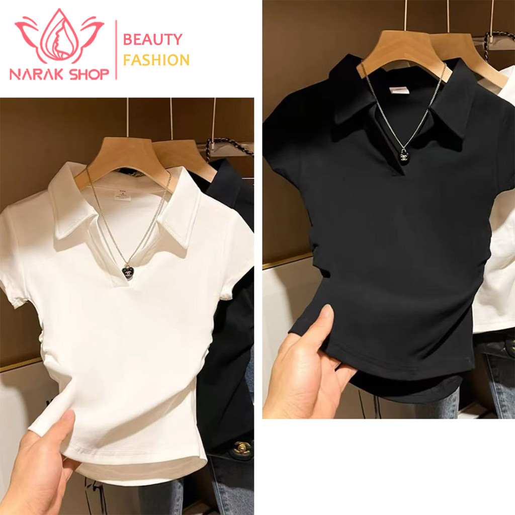 เสื้อโปโลคอปกแขนสั้น สีขาว ดีไซน์สวย ทรงเข้ารูป