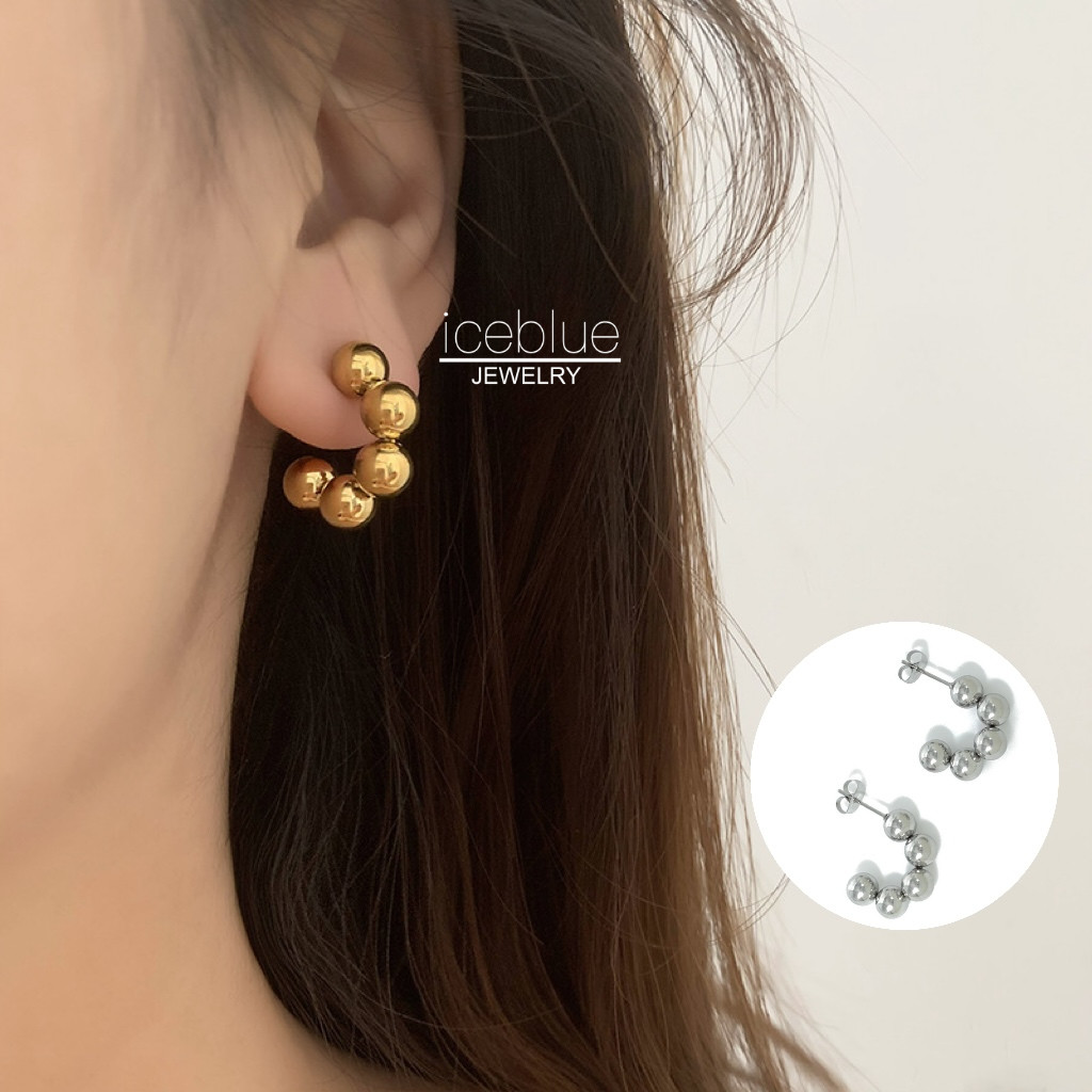 Iceblue-ขนาดเล็กรอบลูกปัดC-Shapedหูต่างหู18K Gold Platedกันน้ําNon Tarnishเครื่องประดับ316Lสแตนเลสต่างหูเหล็กไทเทเนียมสําหรับผู้หญิงE64