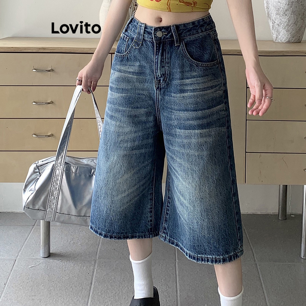 Lovito กางเกงยีนส์กระดุมธรรมดาสำหรับผู้หญิง LNA74015