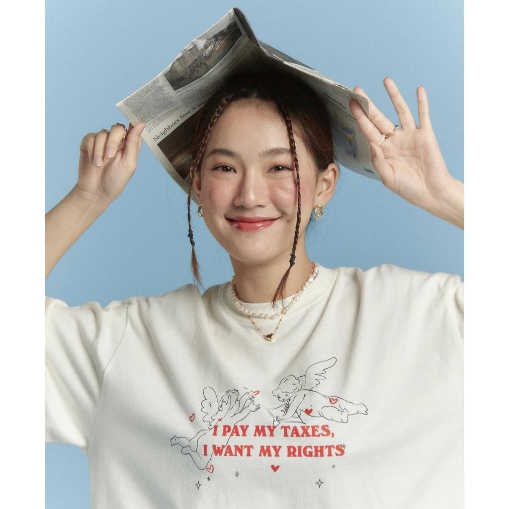 (จัดส่งตลอด 24 ชั่วโมง)เสื้อยืด เสื้อยืดแฟชั่นเกาหลี Oversize ลายตัวอักษร "I Pay My Taxes" สตรีทวินเ