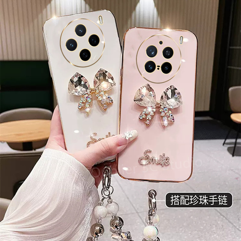 เคสโทรศัพท์สําหรับ vivo X200 X100 Pro IQOO Z9 Z9X Z7 Z7X 12 5G เคส ปลอกออกแบบใหม่Electroplatedซิลิโคนปกอ่อนพร้อมคริสตัลผีเสื้อโบว์และสร้อยข้อมือมุก