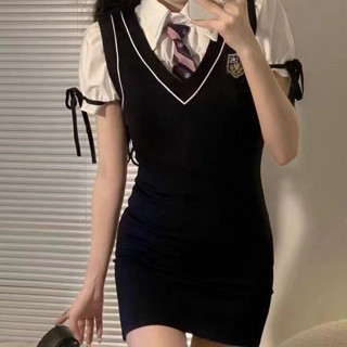 Preppy Style Sweet Cool Hot Girl High-End Feeling Royal Sister Wrap Buttocks ชุดเดรสแขนพัฟ MC Suit 1GPQ