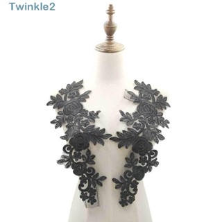 Twinkle แผ่นแพทช์ ปักลายดอกไม้ ลูกไม้ สีดํา 13.39x4.72 นิ้ว สําหรับตกแต่งเสื้อผ้า 2 คู่