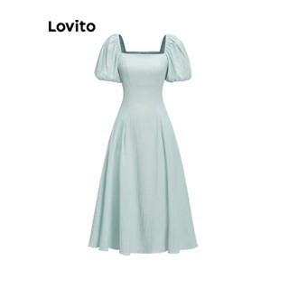 Lovito ชุดเดรส จับจีบ สีพื้น สไตล์ลำลอง สำหรับผู้หญิง L58AD091 (สีฟ้าอ่อน)