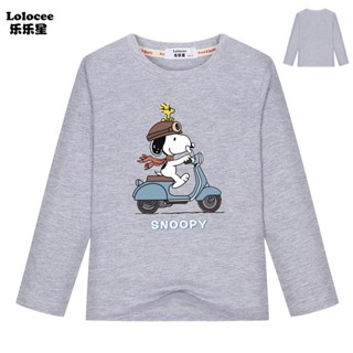 เสื้อยืดแขนยาว คอกลม ผ้าฝ้าย ทรงหลวม พิมพ์ลายการ์ตูน Snoopy สวมใส่สบาย แฟชั่นฤดูใบไม้ผลิ และฤดูใบไม้ร่วง สําหรับเด็กผู้ชาย และเด็กผู้หญิง