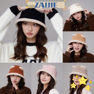 Zaijie24 หมวกบักเก็ต ผ้ากํามะหยี่ขนนิ่ม แบบหนา ลายหูหมีน่ารัก ให้ความอบอุ่น แฟชั่นสําหรับผู้หญิง