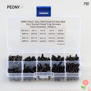 Peonypavilion สกรู M3 240 ชิ้น เหล็กอัลลอย เกรด 12.9 9 ขนาด พร้อมกล่องจัดเก็บ 4-25 มม. สีดํา DIY