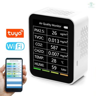 Tuya WiFi Portable Home Office Indoor Desktop Air Quality Detector 6 In 1 Multifunctional Detector PM2.5 TVOC CO2 CH2O Temperature Humidity Detecting Intelligent Linkage Mobilephone APP Remotes Viewing