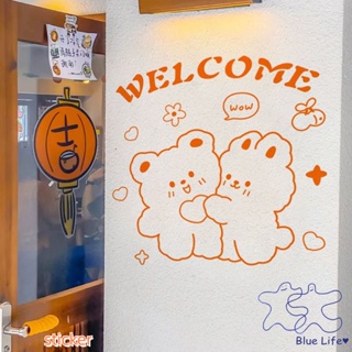 Welcome สติกเกอร์ติดผนัง ลายการ์ตูนหมีกอด น่ารัก สําหรับร้านกาแฟ ประตูกระจก