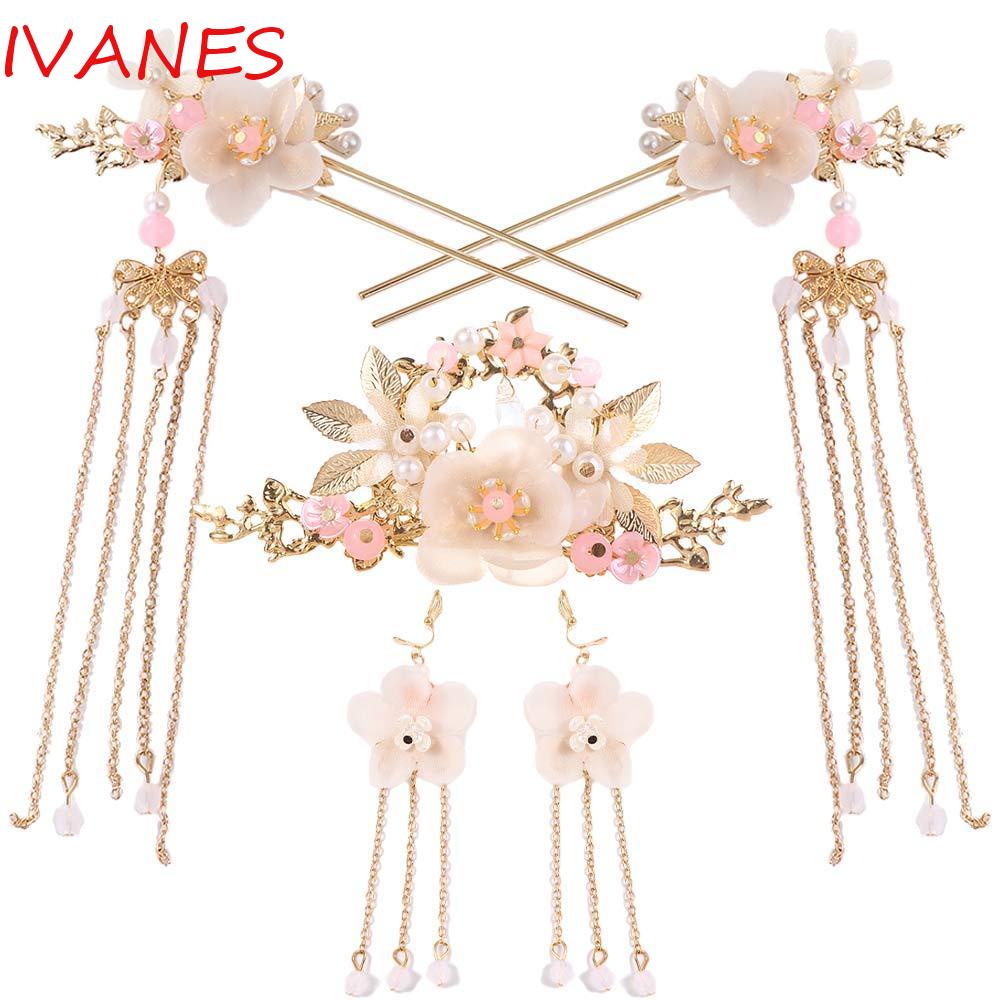 Ivanes ชุดหวีผมยาว ประดับพู่ คริสตัล ดอกไม้ สําหรับผู้หญิง